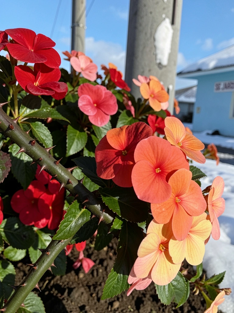 Jardim com flores coloridas sob neve ao fundo, inverno