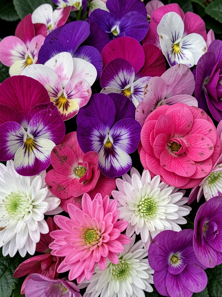 Mosaico com amor-perfeito, violeta, camélia, azaleia, prímula, crisântemo e hortênsia.