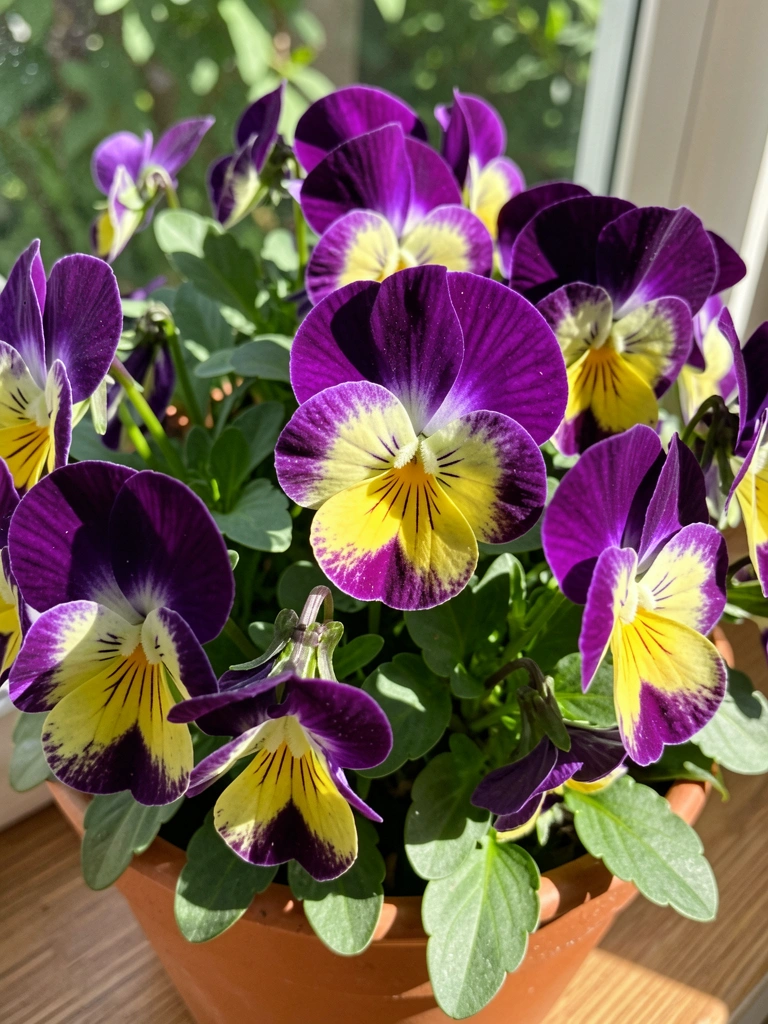 Amor-perfeito roxo e amarelo em vaso, close nas pétalas aveludadas.