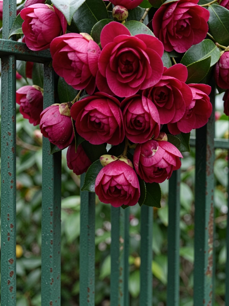 Camélia rosa escura com pétalas aveludadas e fundo verde.