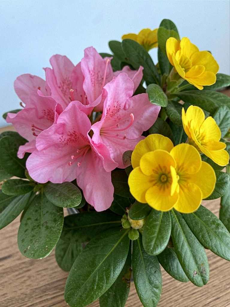 Arranjo de azaleia rosa, prímula amarela e folhagens verdes em vaso.