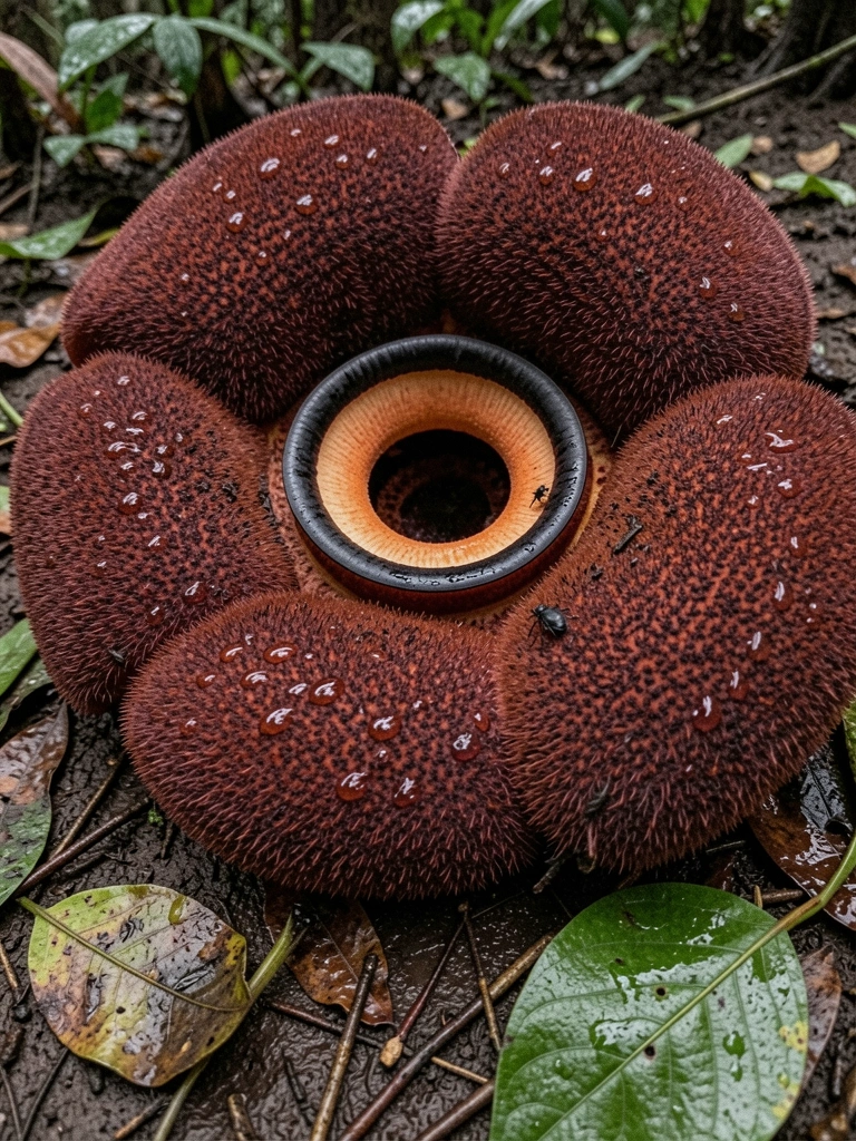 Flor escura e peluda com gotas de orvalho nas pétalas