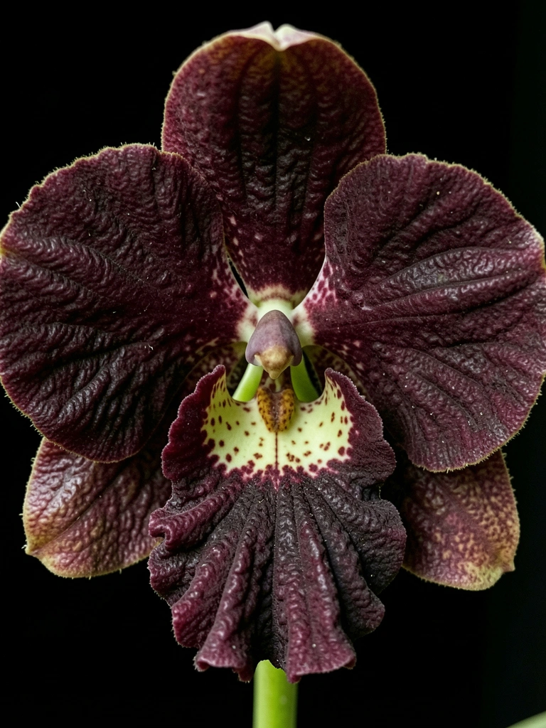 Flor escura de pétalas grossas e texturizadas sobre fundo preto