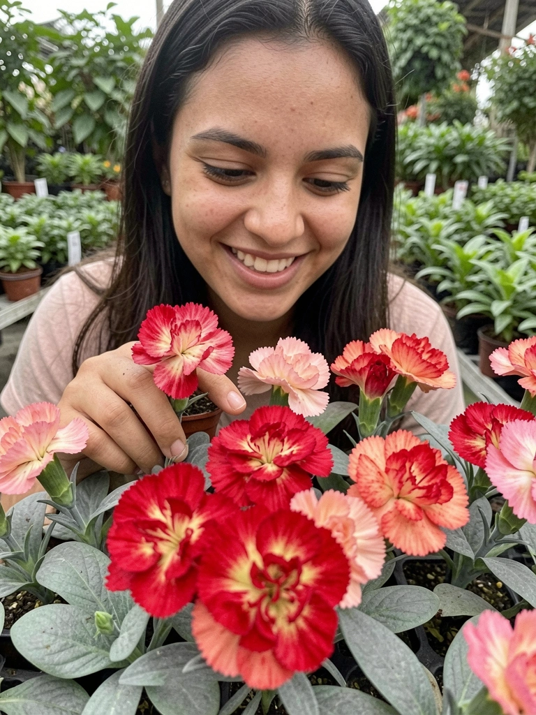 Pessoa observando mudas de flores aromáticas em um garden center, com variedades de plantas à sua frente.