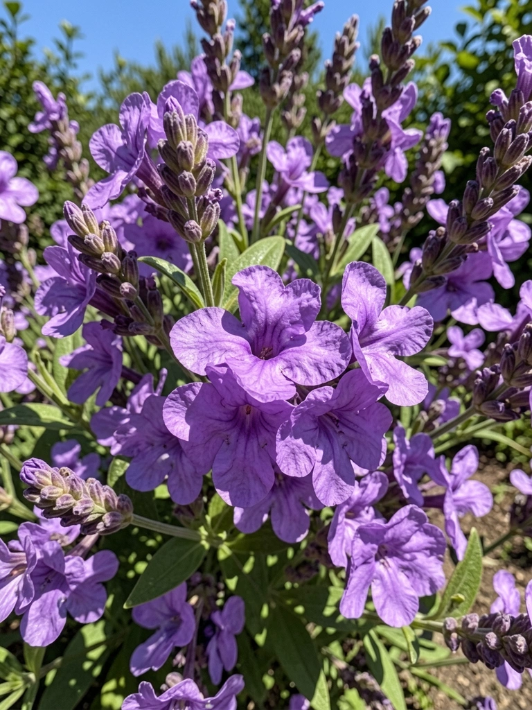 Canteiro de lavandas sob luz solar intensa, com flores roxas em primeiro plano e folhagem ao fundo.