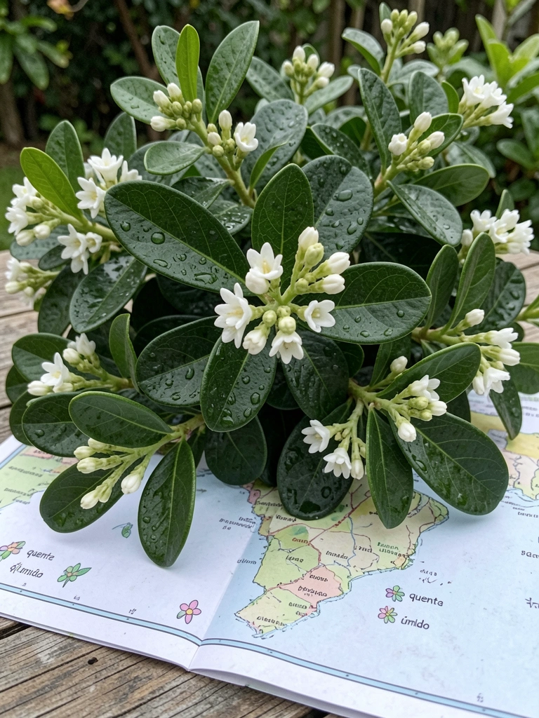 Mapa do Brasil com ícones de flores e indicações de clima regional.