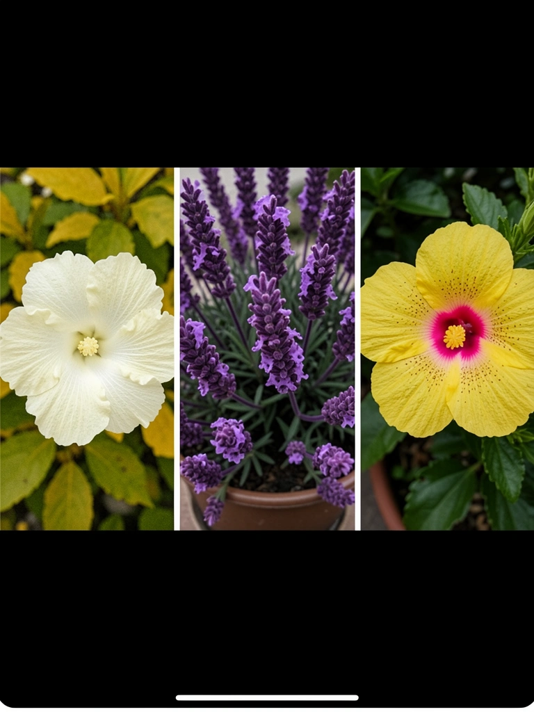Vasos lado a lado com planta perene florida e anuária, diferenças visíveis nas folhas e flores