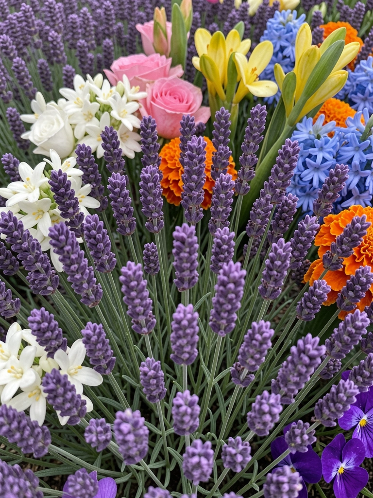 Canteiro com sete tipos de flores perfumadas, cada uma com cor e forma distintas