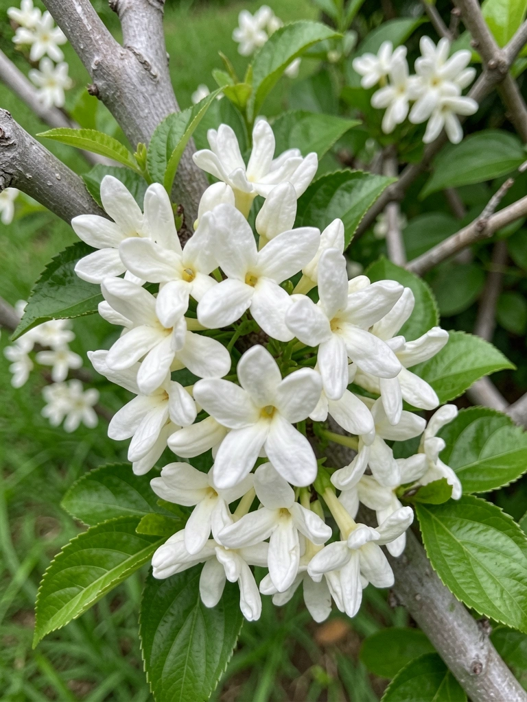 Flor de jasmim branca em close, com pétalas abertas e fundo verde desfocado.