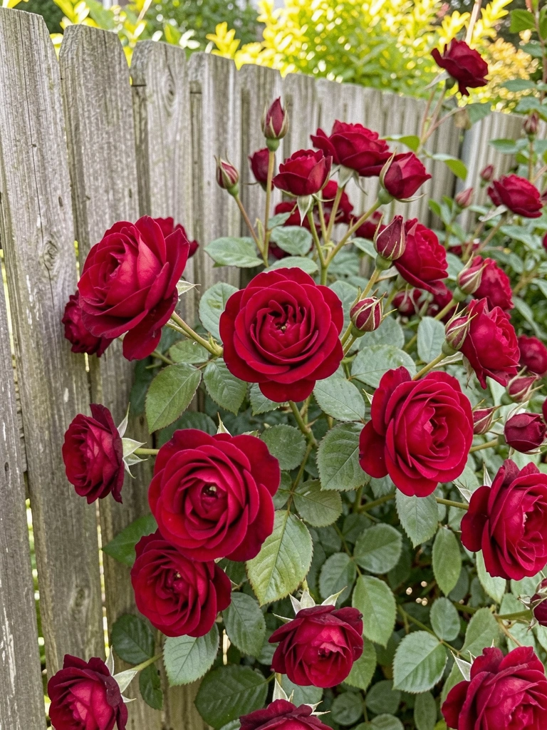 Rosas vermelhas desabrochando em roseira ao lado de cerca de madeira
