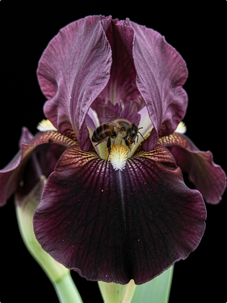 Flor escura com pétalas aveludadas em close, fundo preto