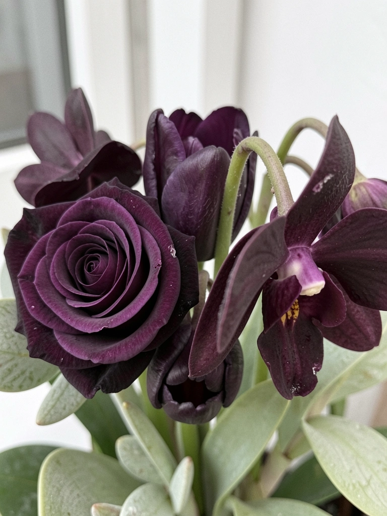 Colagem de flores escuras, incluindo orquídea, tulipa e rosa, sobre fundo escuro.