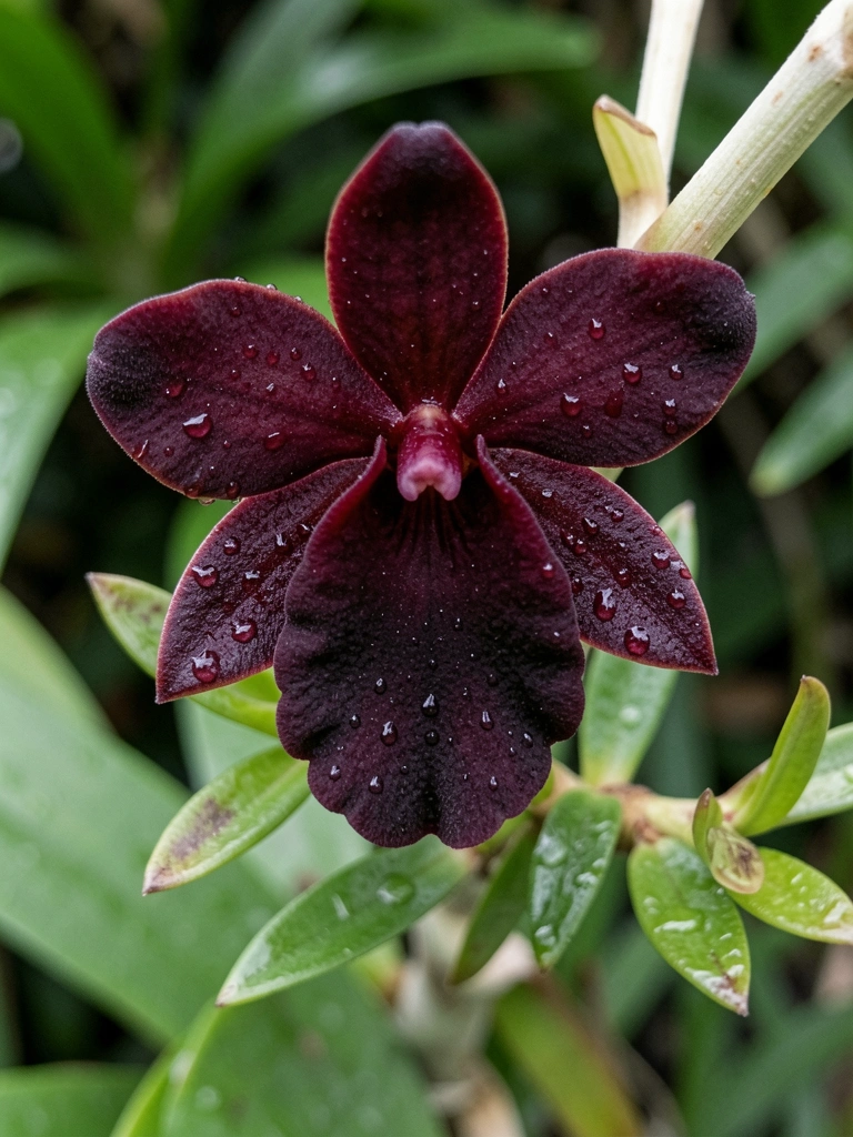 Orquídea Maxillaria schunkeana com pétalas escuras, fundo natural desfocado.