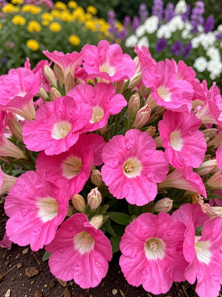Canteiro de jardim com flores perenes em tons de rosa, roxo e amarelo sob luz natural.