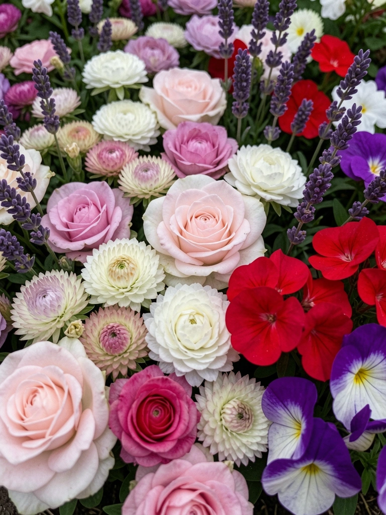 Mosaico de flores coloridas incluindo sempre-viva, rosa iceberg, lavanda, gerânio e petúnia.
