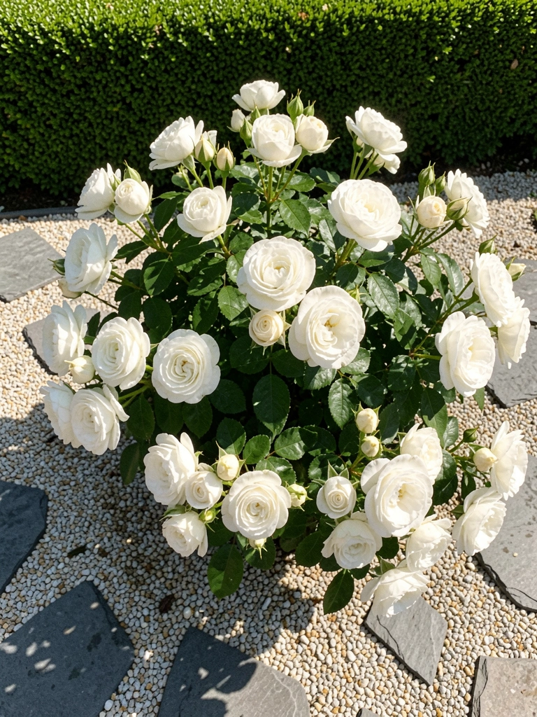 Roseira Iceberg com botões e flores brancas abertas em um jardim ensolarado.