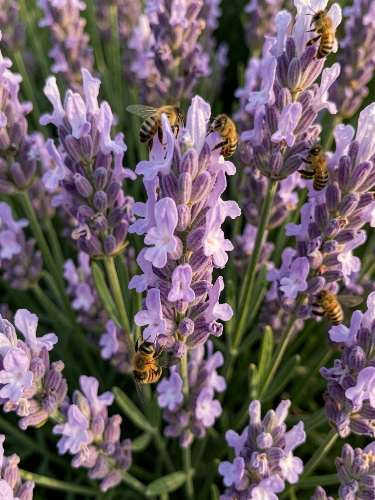 Campo extenso de lavanda roxa com abelhas voando sobre as flores, sob luz natural.