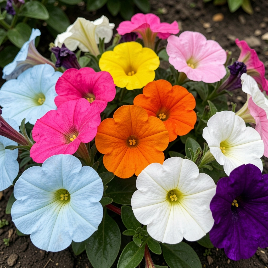 Petúnias coloridas em canteiro, com flores em tons de rosa, roxo e branco.
