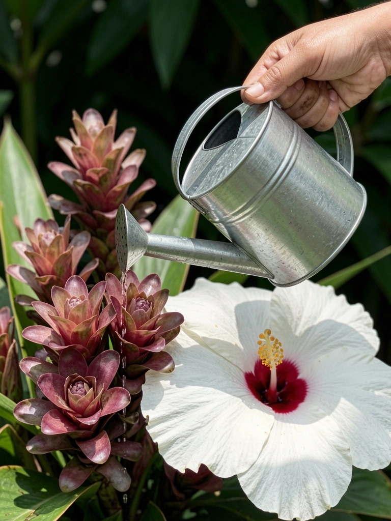 Mão segurando regador despejando água sobre plantas verdes em vasos.