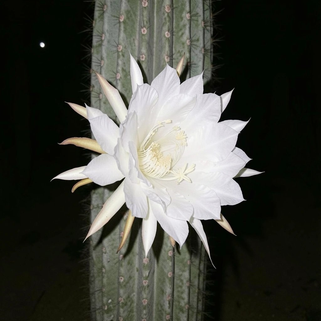 Flor branca desabrochando sob a luz da lua em um jardim noturno.