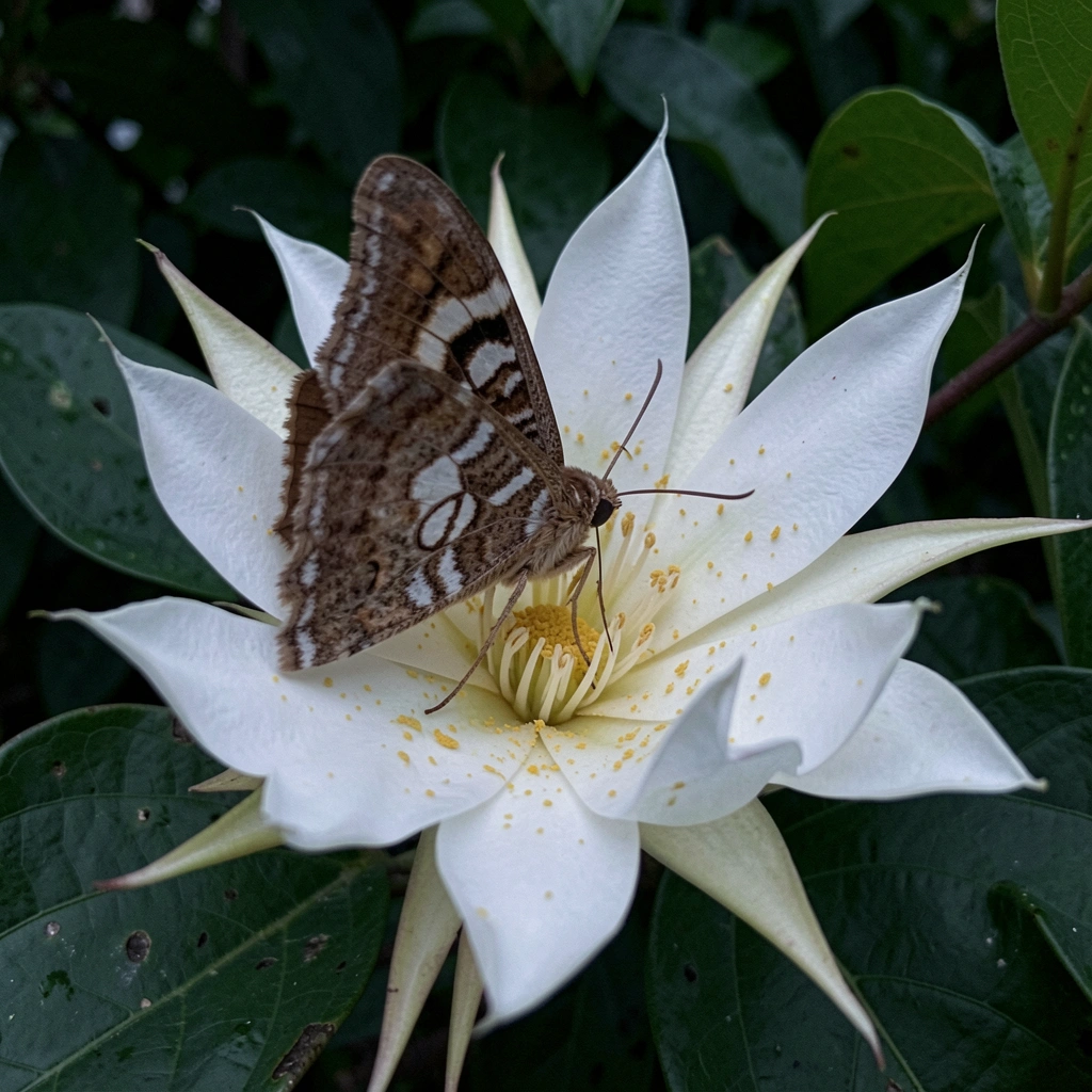 Mariposa pousada sobre uma flor noturna, com pólen aderido às suas asas.