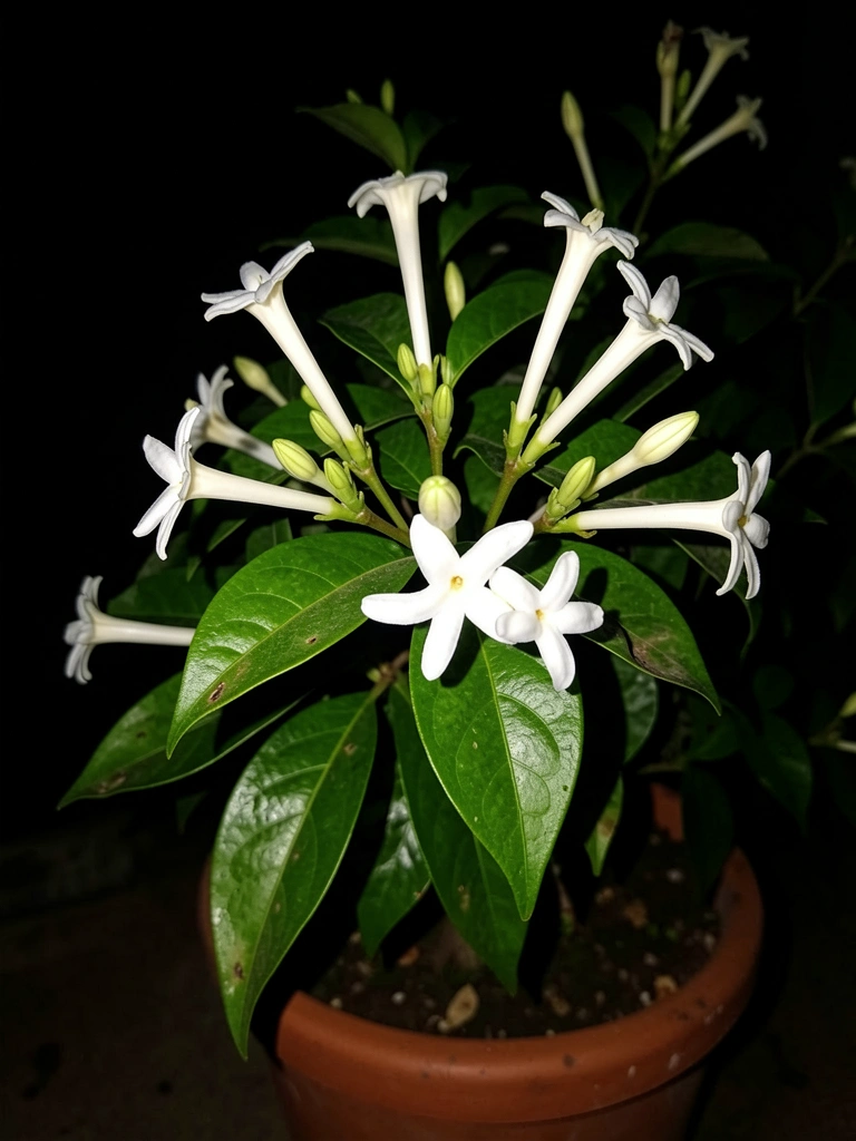Vaso com flor Dama da Noite desabrochando sob a luz da lua, pétalas brancas e fundo escuro.