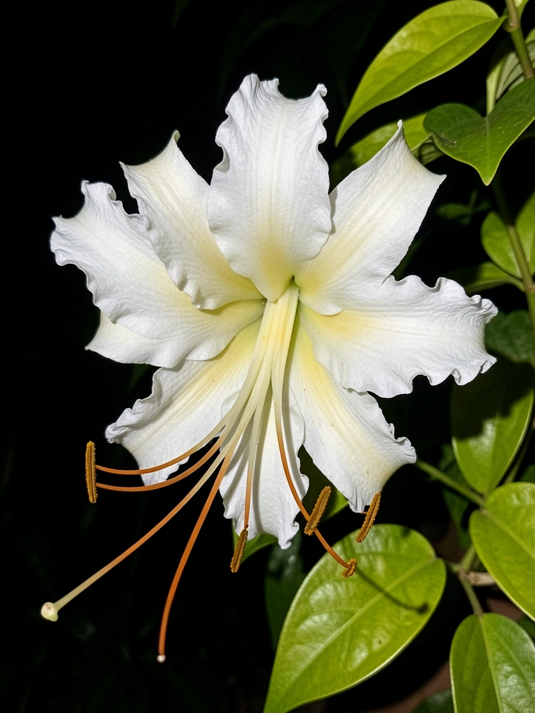 Flor da Lua branca com detalhes amarelos em fundo escuro.