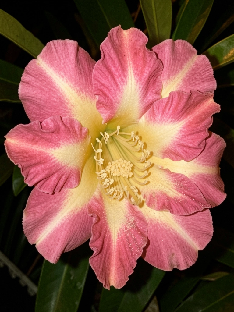 Flores de jasmim-manga rosas e amarelas abertas à noite, com pétalas iluminadas por luz suave.