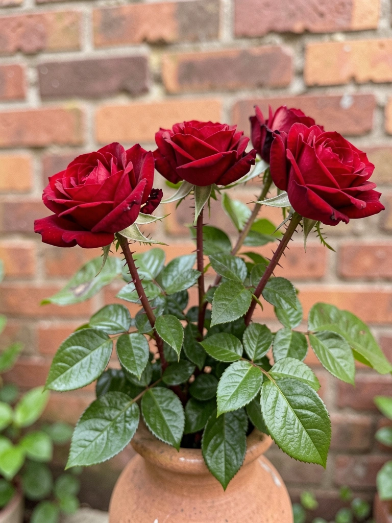 Rosas vermelhas com espinhos nos caules em um vaso