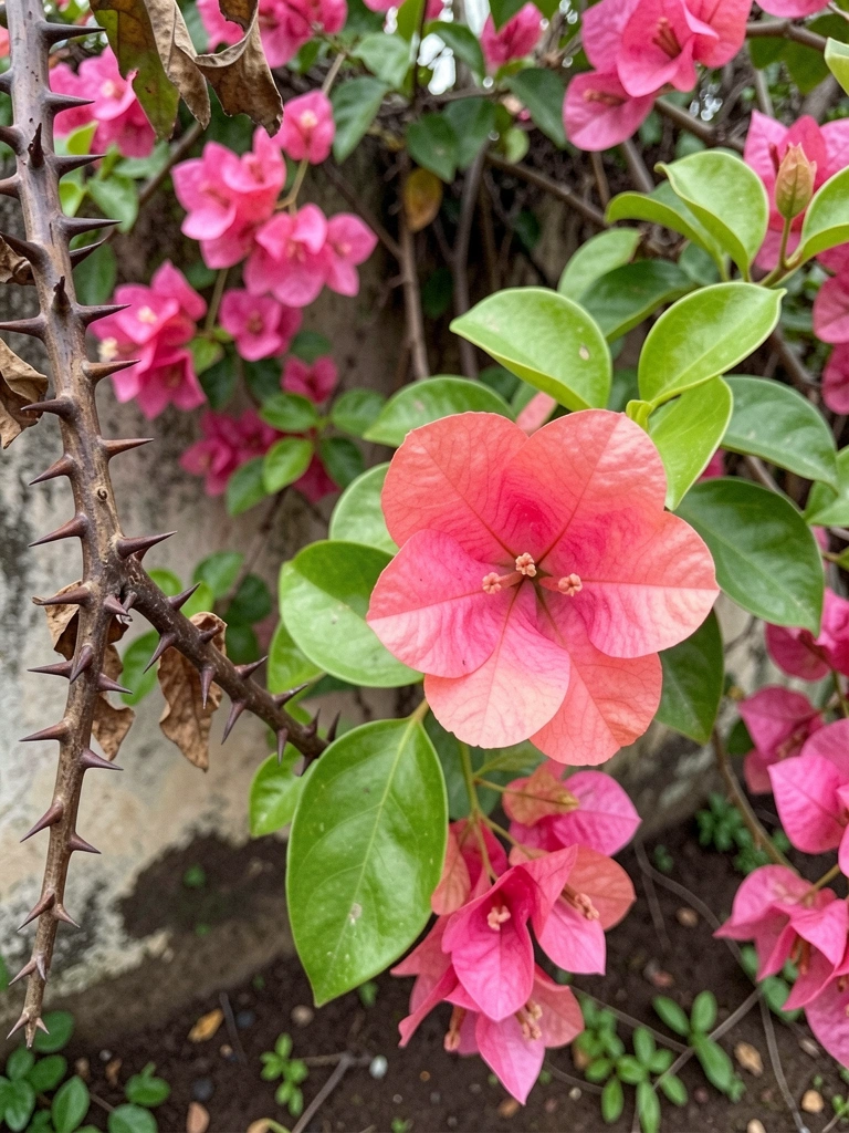 Muro com buganvílias rosa, espinhos visíveis entre as flores