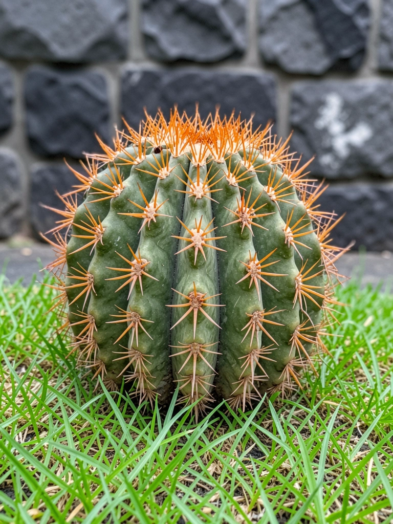 Cacto ferocactus redondo com espinhos alaranjados, iluminação suave destacando a textura
