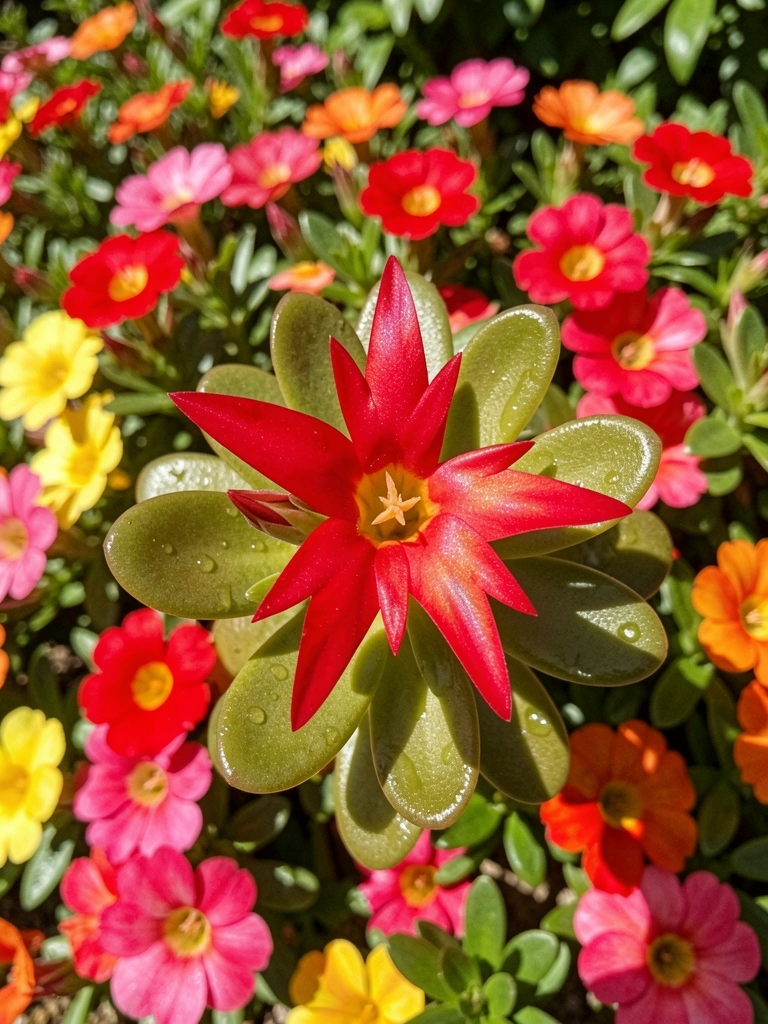 Tapete de flores rasteiras coloridas em jardim ensolarado