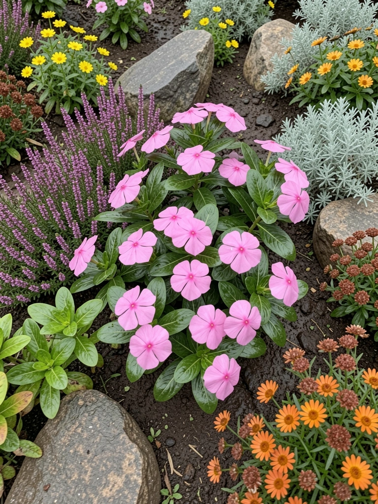 Vinca cor-de-rosa com folhas verde-escuras em canteiro de jardim