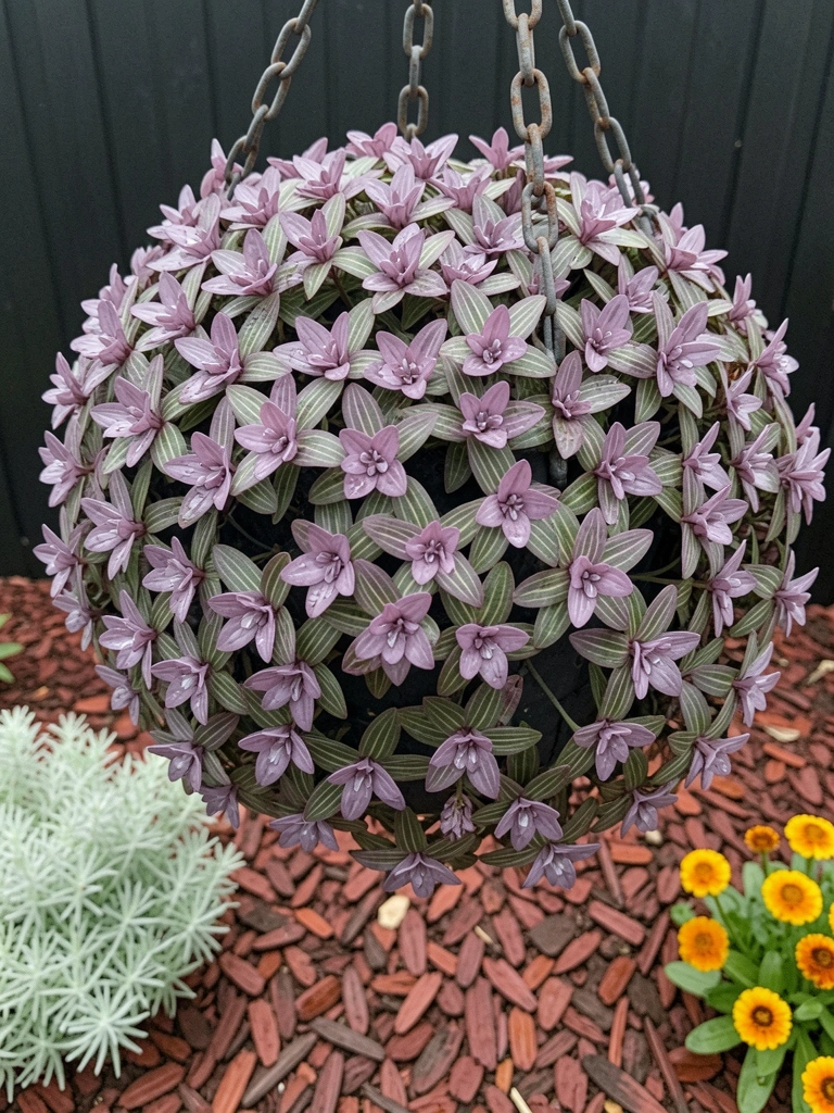 Tapete de lambari roxo com folhas roxas e verdes cobrindo o solo
