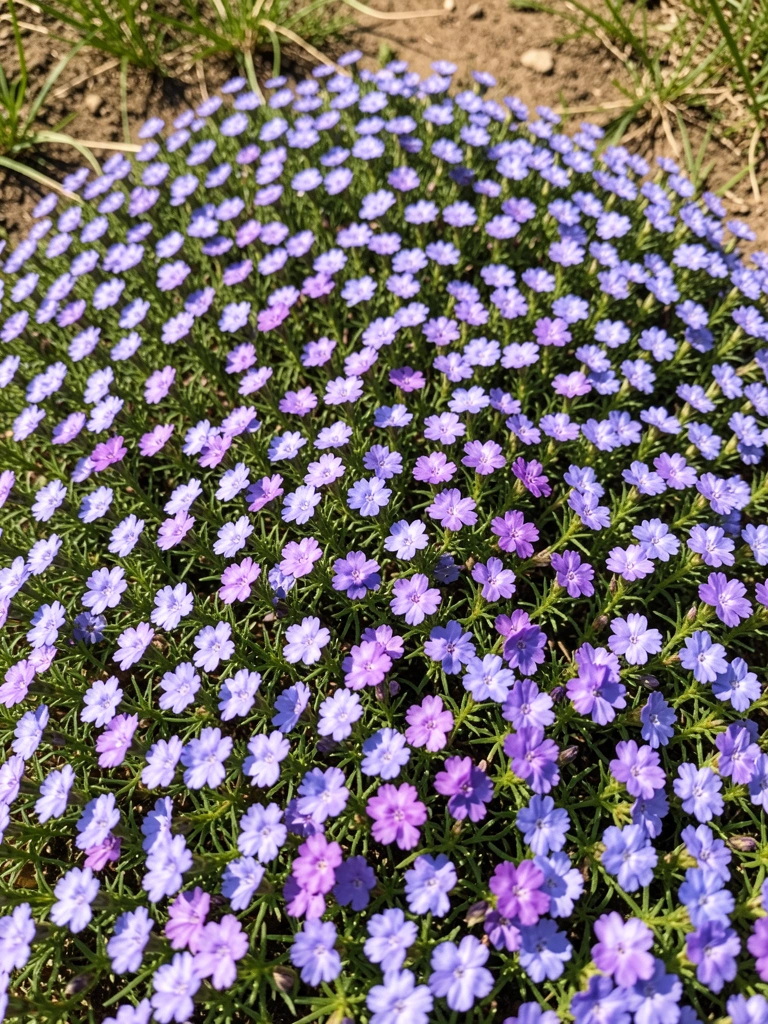 Canteiro de jardim com verônica rasteira, flores pequenas azul-violeta formando um tapete denso sobre o solo, folhagem verde ao fundo