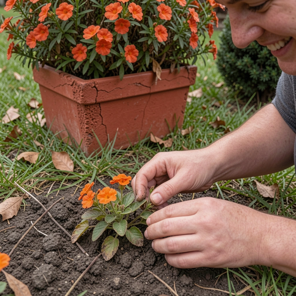 Mãos plantando muda de flor rasteira em canteiro de terra