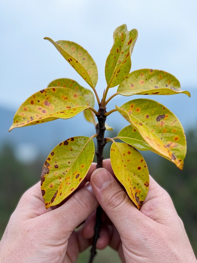 Mãos segurando uma planta com folhas amarelas e verdes contra fundo neutro.