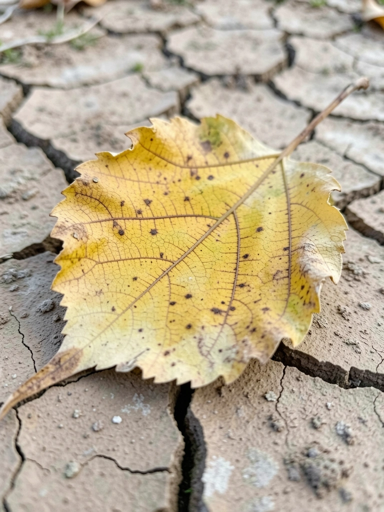 Solo rachado e seco ao redor de uma planta com folhas murchas e amareladas.