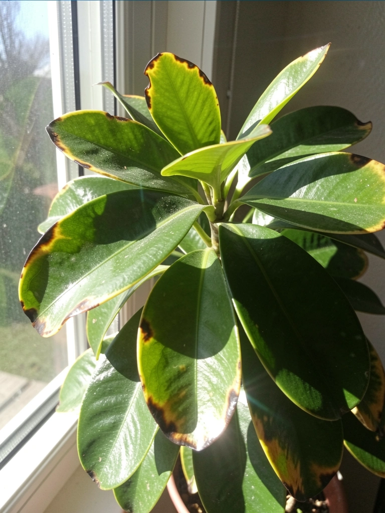 Planta na janela com folhas queimadas pelo sol direto