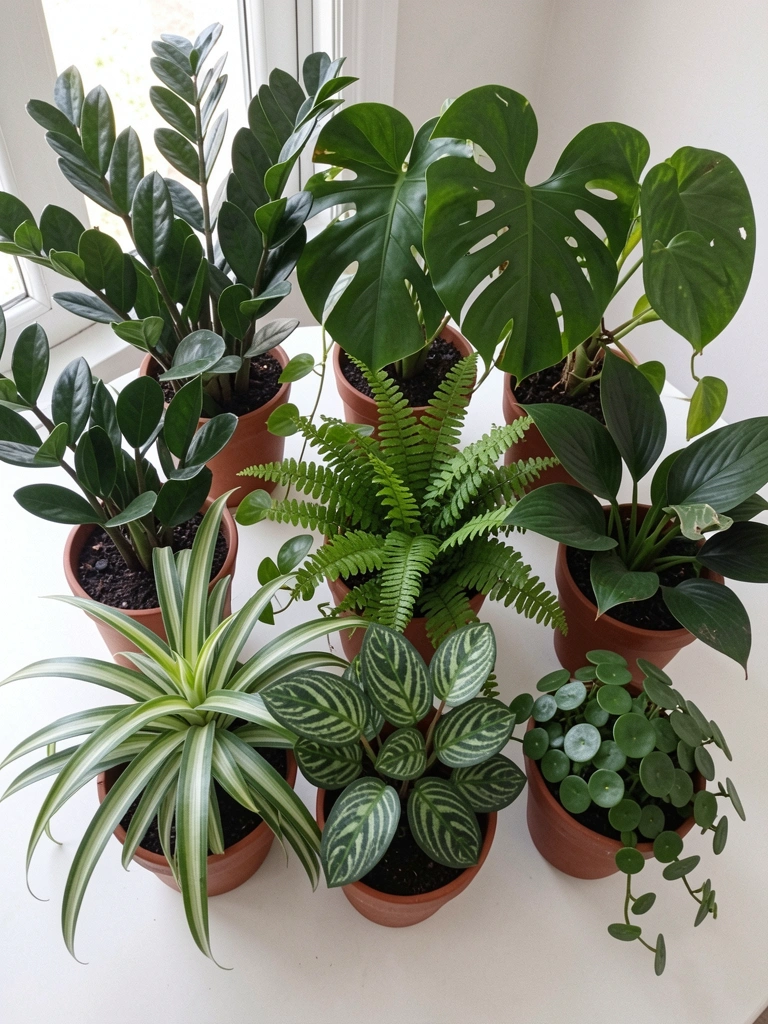 Conjunto de vasos com folhagens verdes: Zamioculca, Costela-de-Adão, Jiboia, Samambaia, Clorofito, Maranta, Lírio-da-Paz e Peperômia.