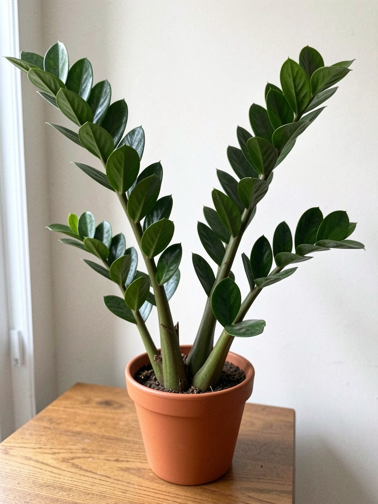 Vaso com Zamioculca de folhas verde-escuras e brilhantes em ambiente interno.