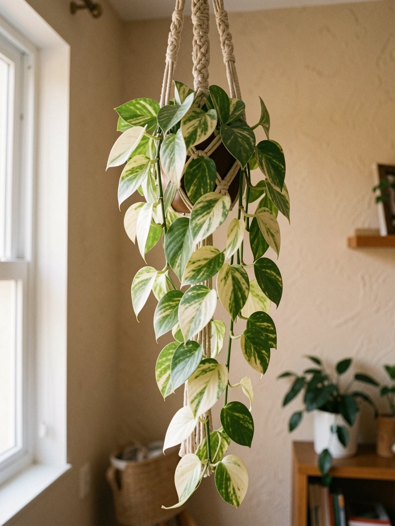 Vaso suspenso com jiboia variegada, folhas em cascata contra parede clara.