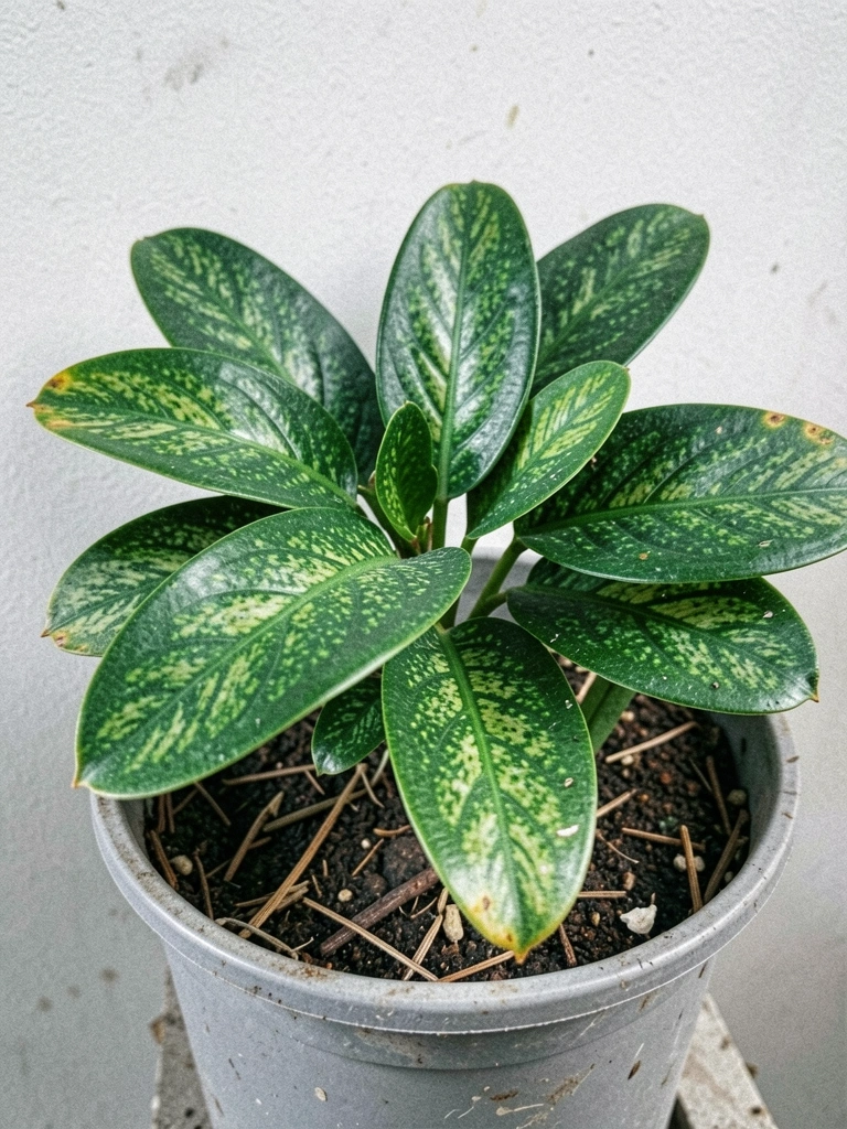 Folha de Maranta com veios e manchas em tons de verde