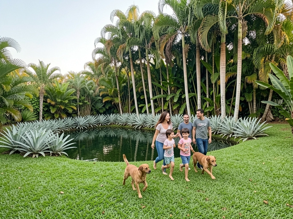 Família com crianças e cachorro em quintal gramado, árvores ao fundo