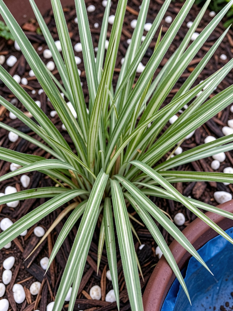 Canteiro com pedrisco branco e casca de pinus ao redor de plantas verdes