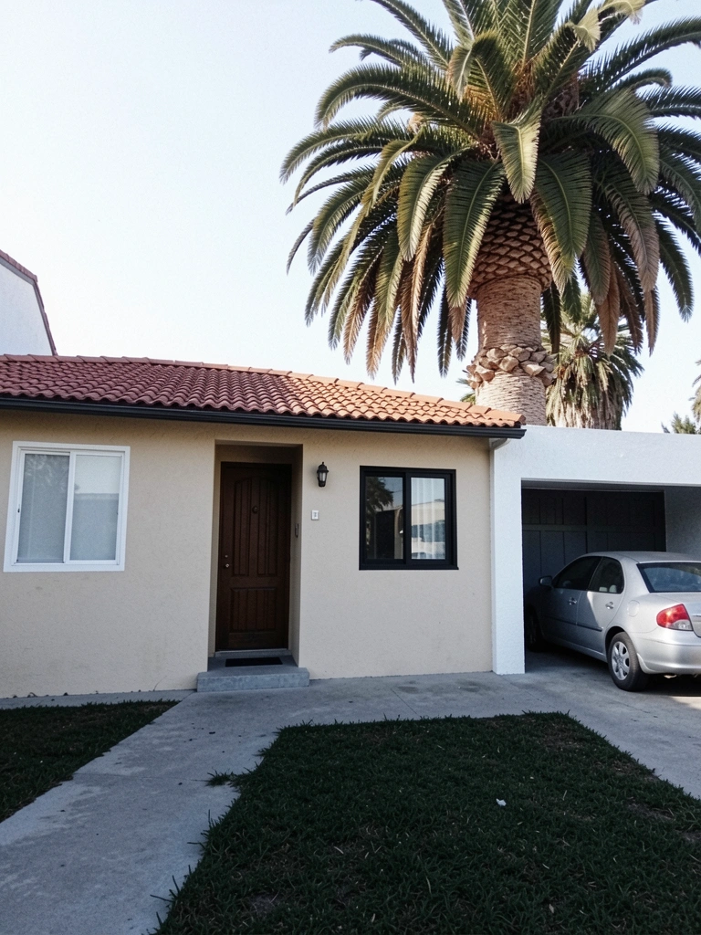 Fachada de casa simples com garagem, portão de ferro e muro baixo