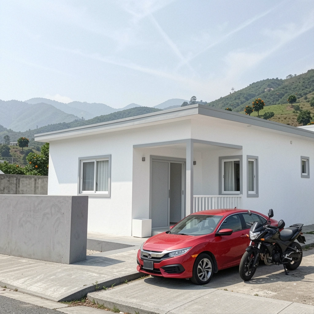 Casa térrea com garagem lateral e muro baixo, fachada simples e limpa.