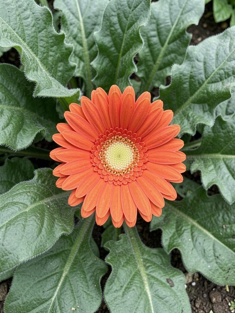 Flor de Gerbera Jamesonii vermelha com folhas peludas verdes ao fundo