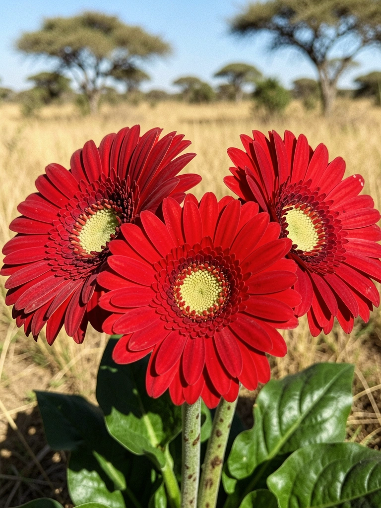 Uma flor de Gerbera vermelha em primeiro plano na savana africana ao pôr do sol.