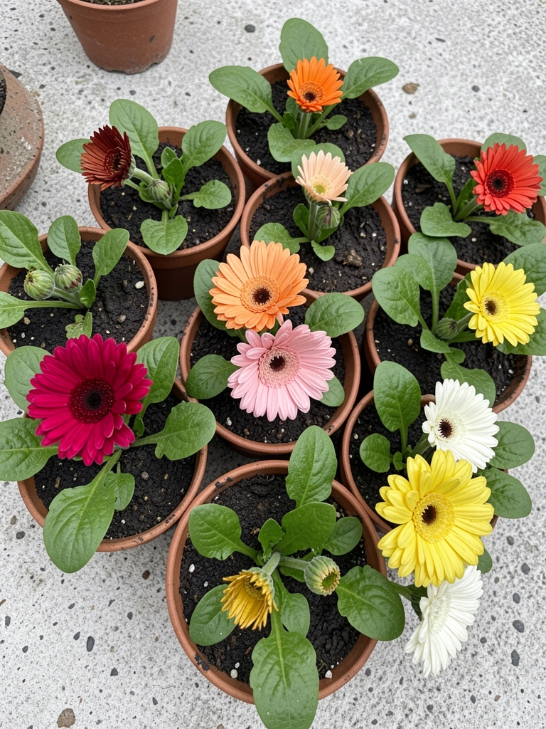 Mudas de gerbera em vasos com terra preparada, brotos verdes emergindo do solo escuro.